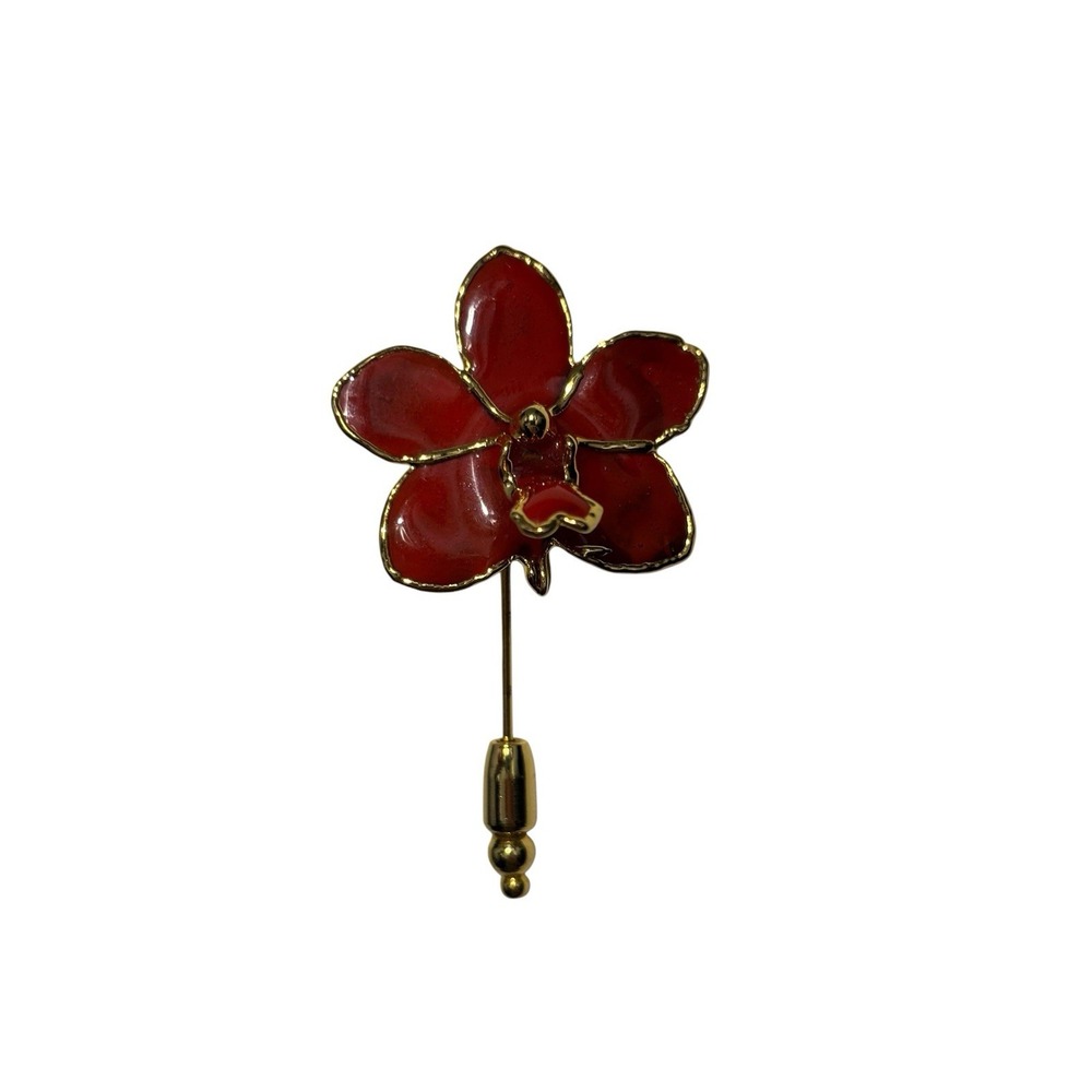 Vintage Gold Tone Red Enamel Ascocenda Orchid Flower Brooch Stick Pin